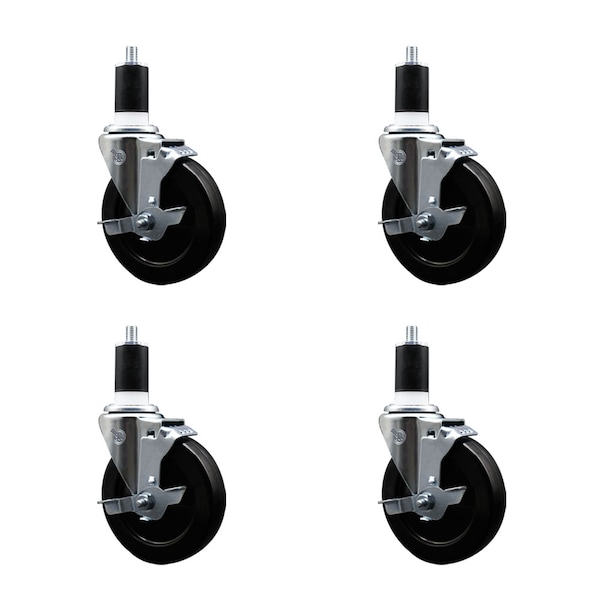 5'' SS Soft Rubber Swivel 1-1/2'' Expanding Stem Caster Set with Brake, 4PK